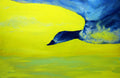 Abstract painting of a duck in water with blue and yellow colors