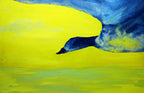 Abstract painting of a duck in water with blue and yellow colors