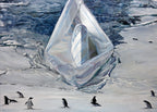 Iceberg with penguins on a snowy landscape