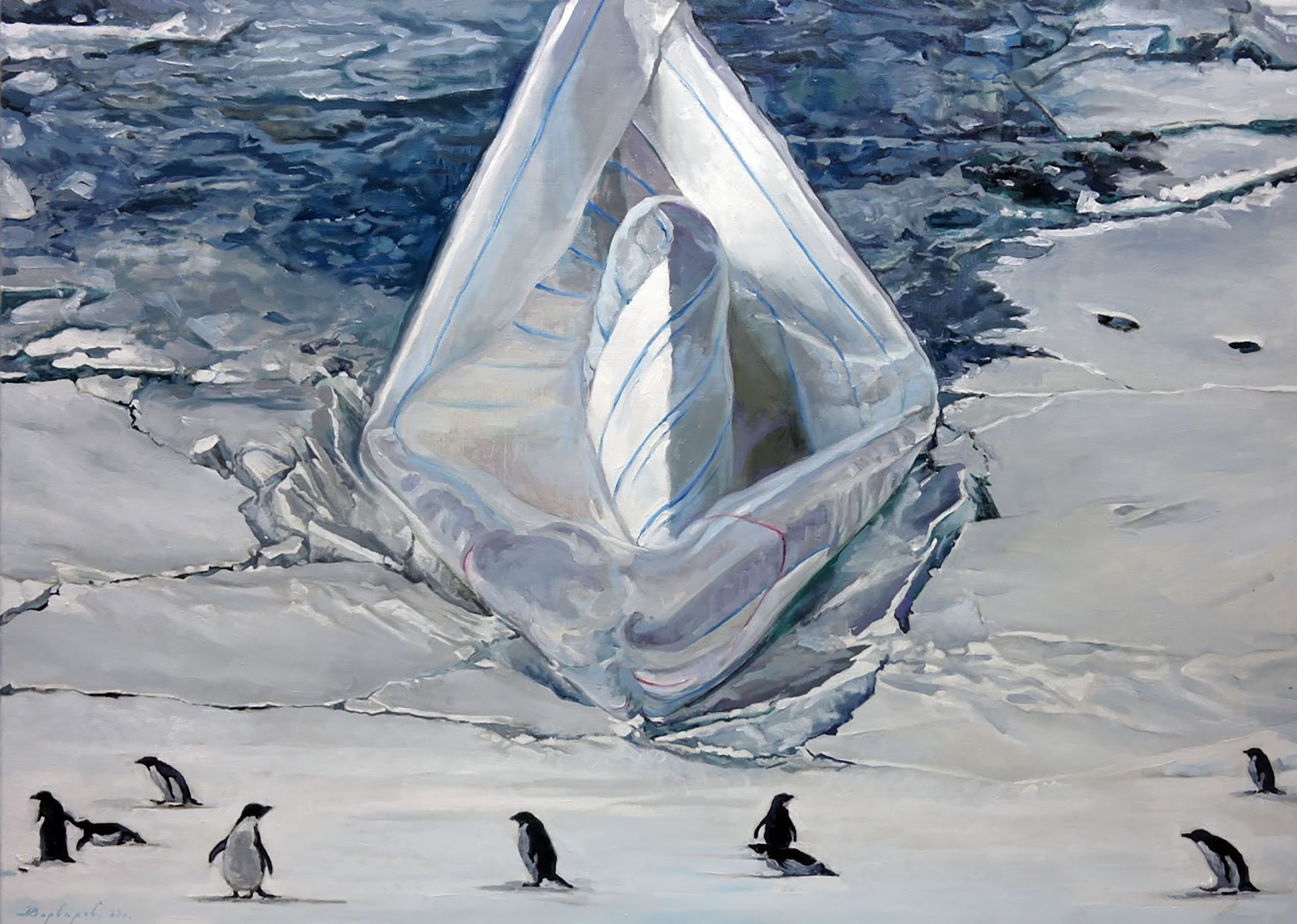 Iceberg with penguins on a snowy landscape