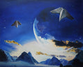 Artistic depiction of a futuristic landscape with flying saucers and a planet.