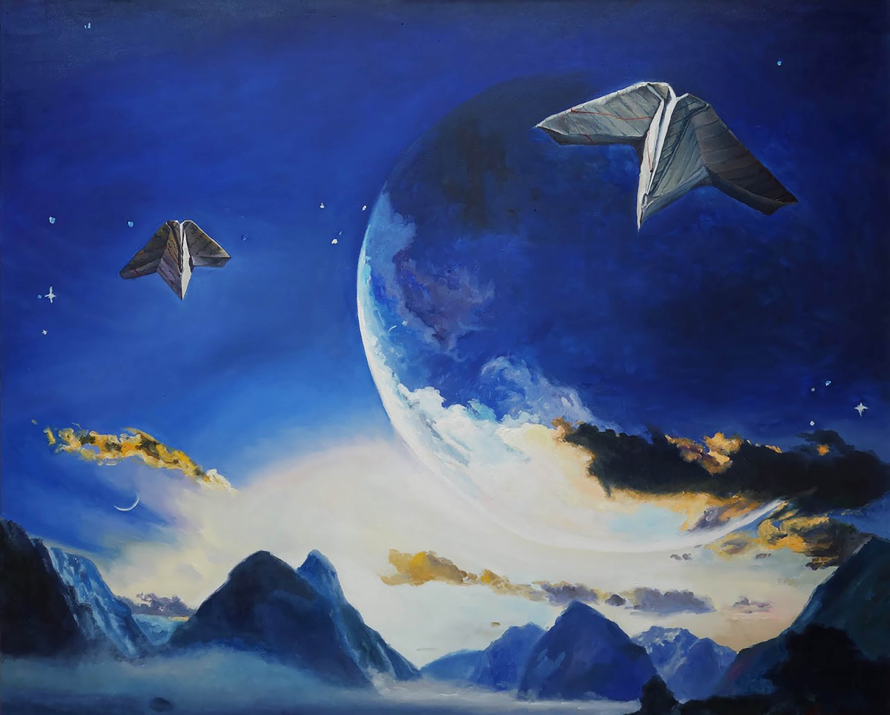 Artistic depiction of a futuristic landscape with flying saucers and a planet.