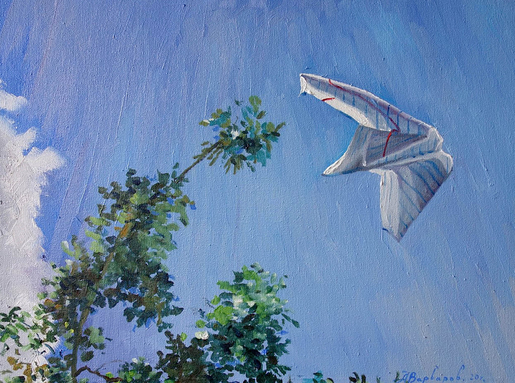 Painting of a white airplane flying over green trees against a blue sky.