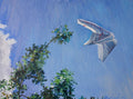 Painting of a white airplane flying over green trees against a blue sky.