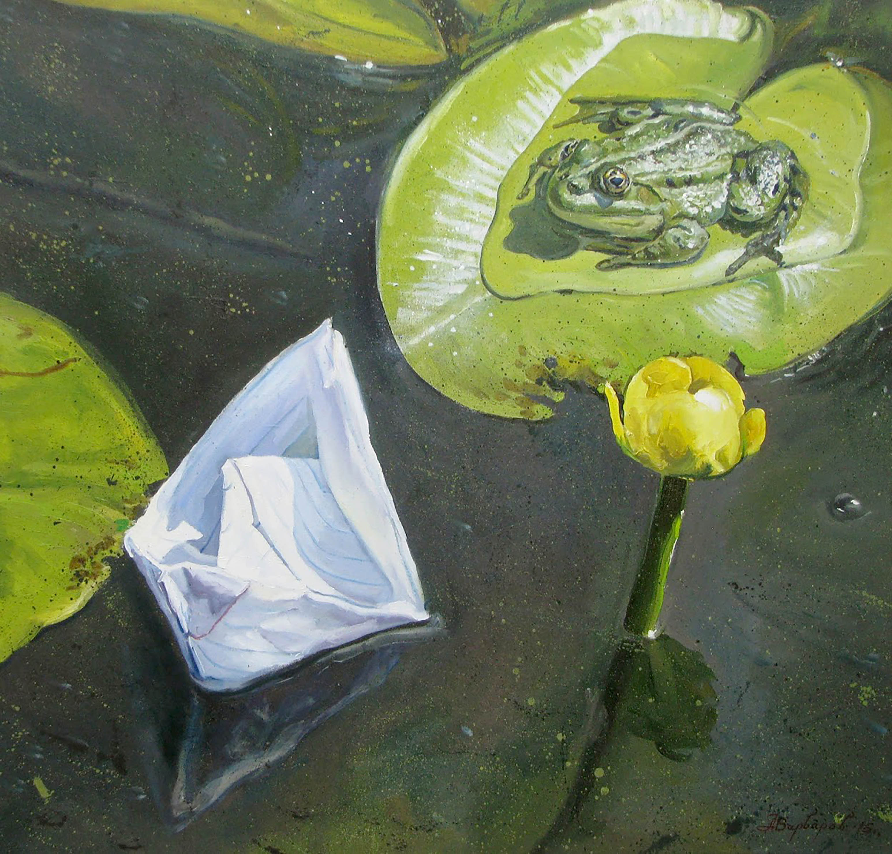 Frog on a lily pad with a white object and yellow flower in water