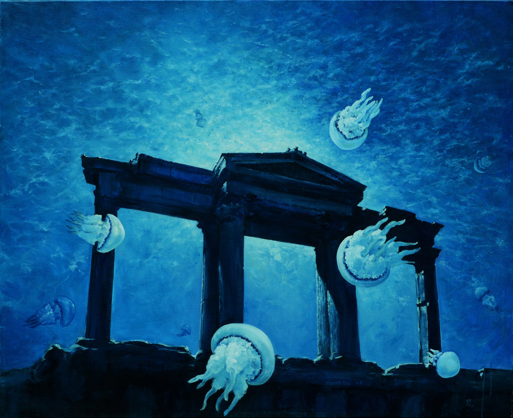 Underwater scene with classical ruins and jellyfish