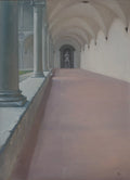 Long corridor with columns and a statue in the distance