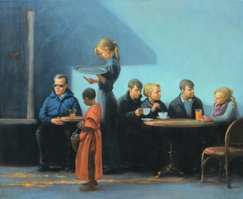 Painting of a group of people sitting at a table in a restaurant with a waiter.