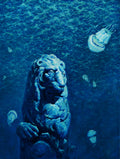 Blue underwater scene with a lion statue and jellyfish