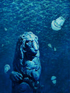 Blue underwater scene with a lion statue and jellyfish