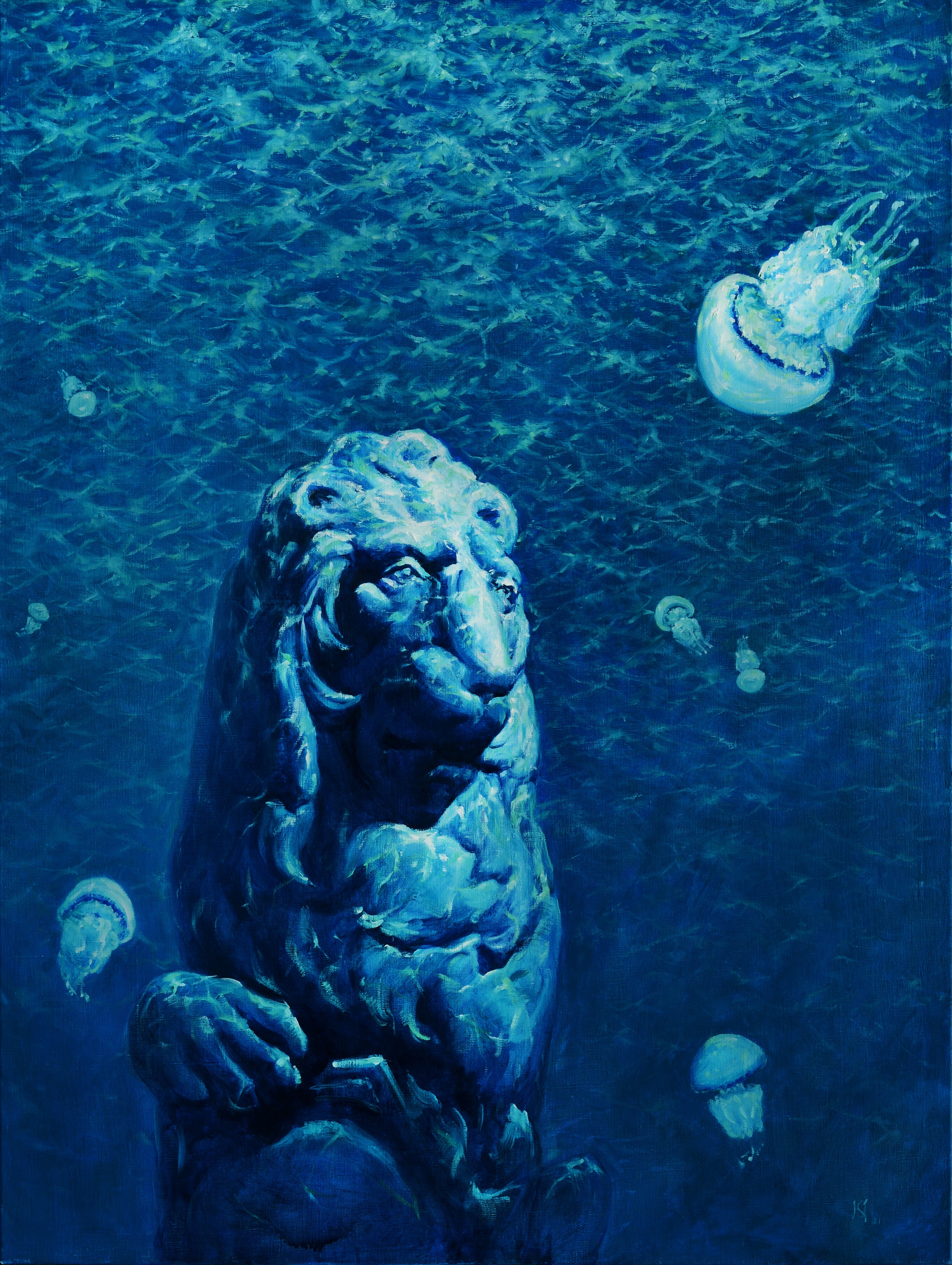 Blue underwater scene with a lion statue and jellyfish