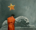 Person in orange robe looking at a star-shaped balloon floating above a lion statue against a dark background.