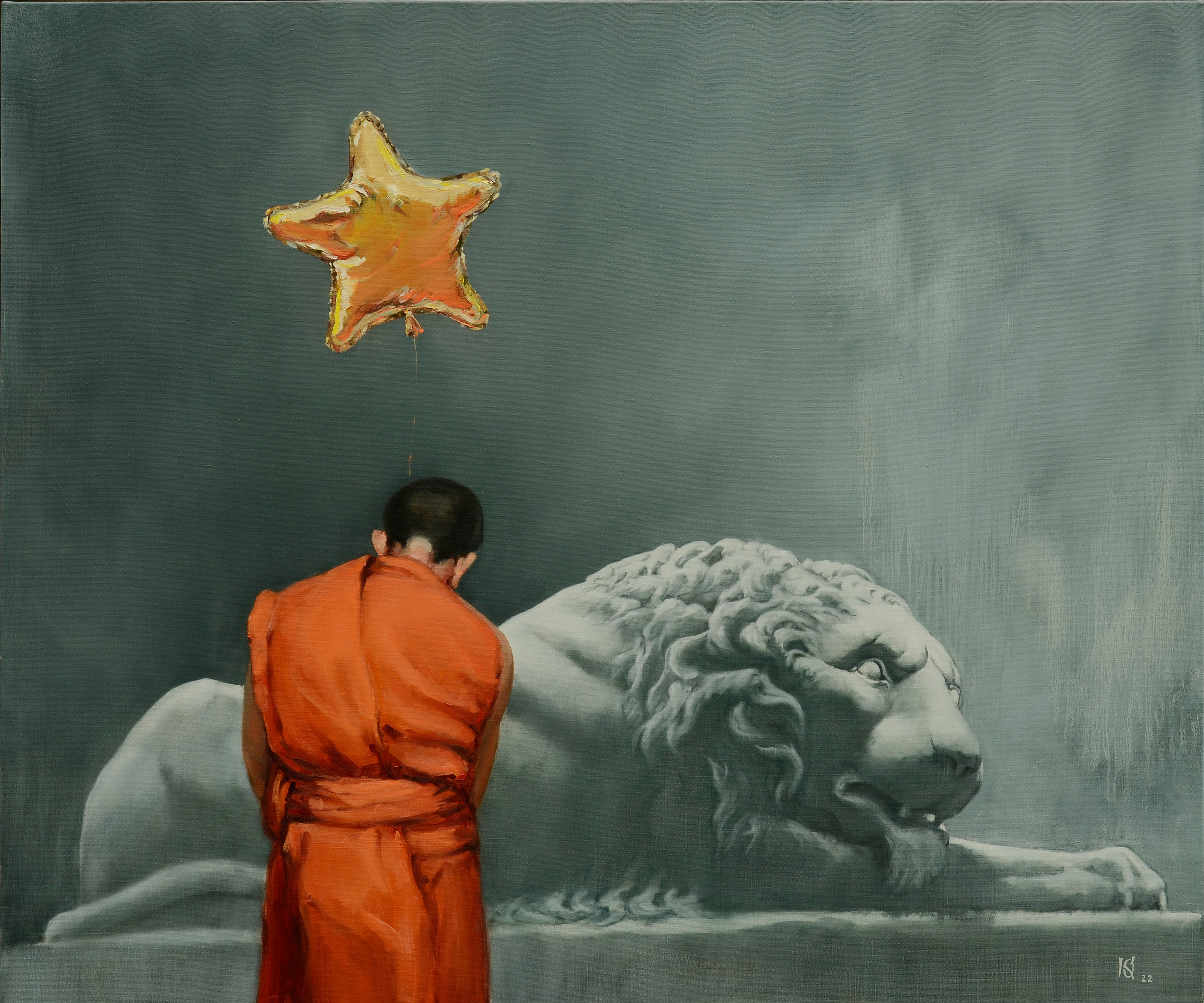 Person in orange robe looking at a star-shaped balloon floating above a lion statue against a dark background.