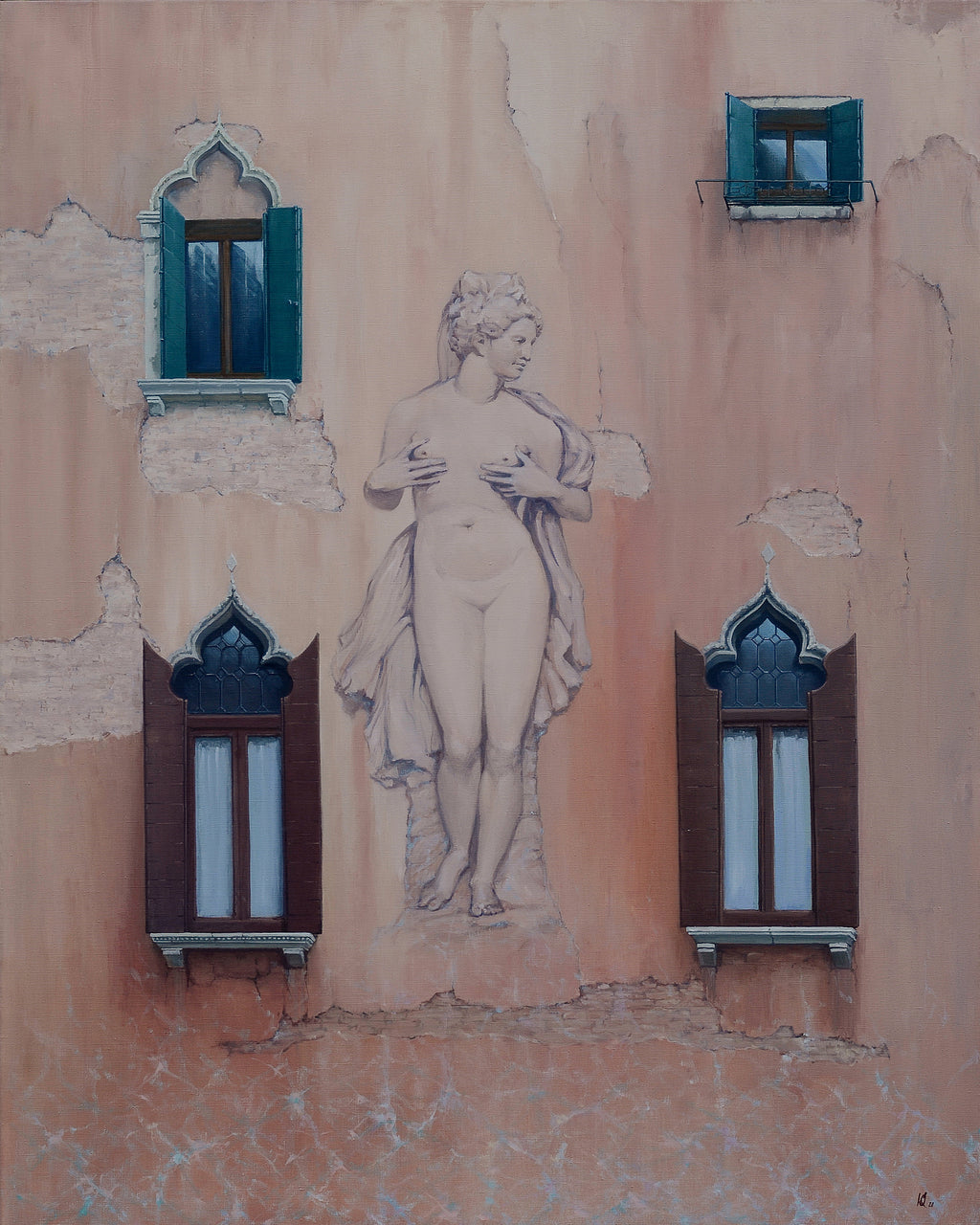 Statue on a textured wall with decorative windows