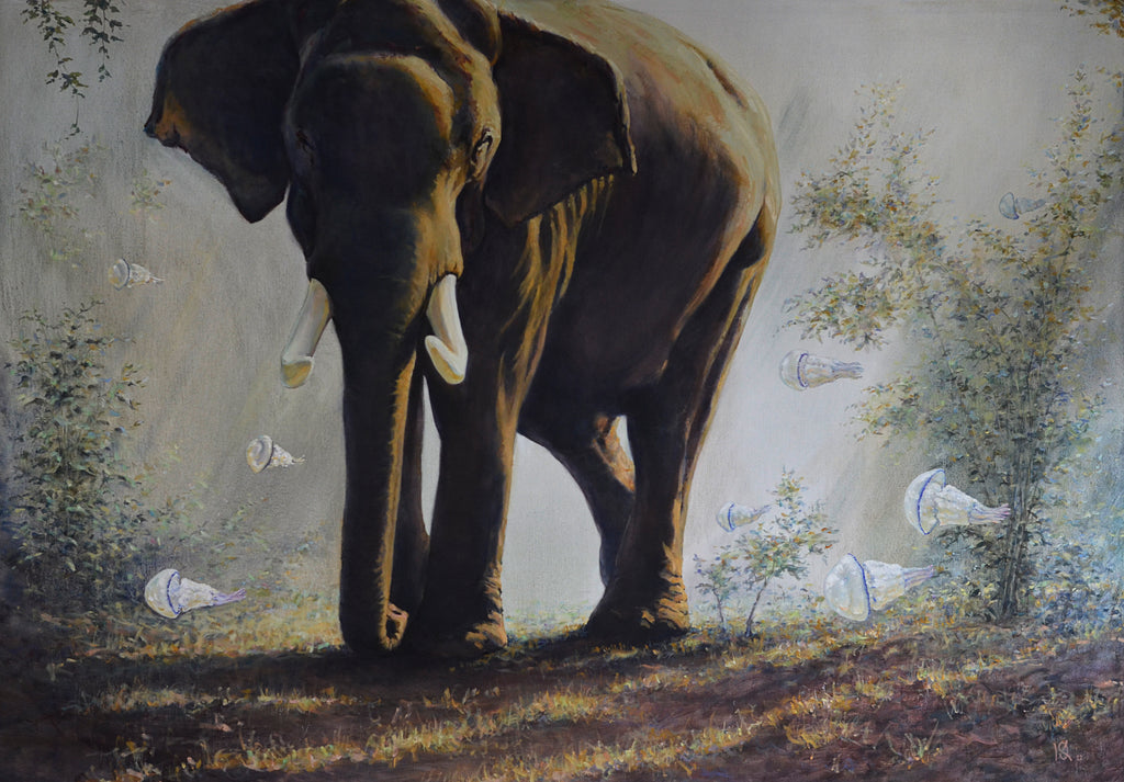 Painting of an elephant in a natural setting with trees and birds.
