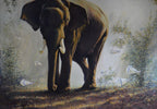 Painting of an elephant in a natural setting with trees and birds.