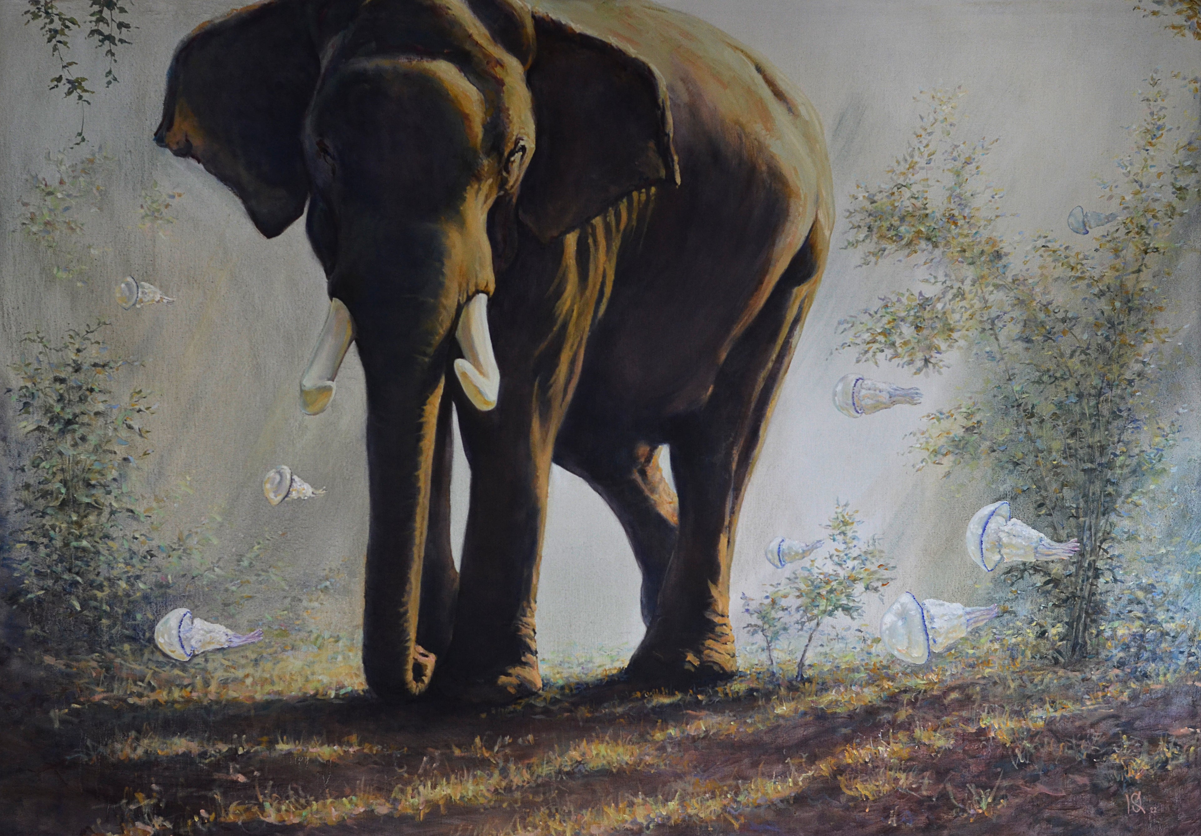 Painting of an elephant in a natural setting with trees and birds.