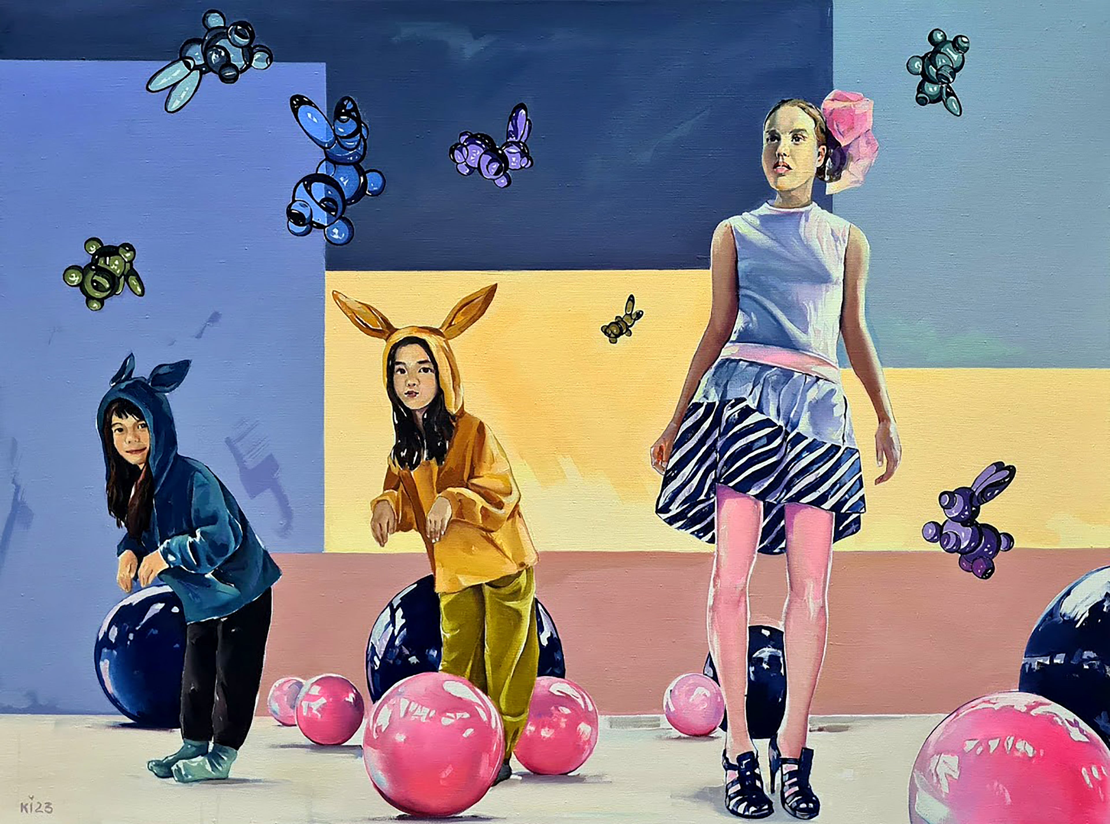 Colorful artwork of four people in costumes with a stylized background featuring butterflies and balls.