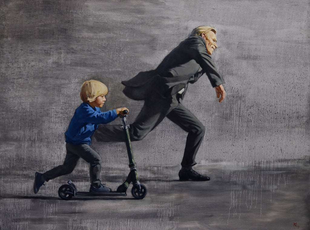 Painting of a child on a scooter being pushed by an adult against a gray background