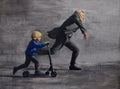 Painting of a child on a scooter being pushed by an adult against a gray background