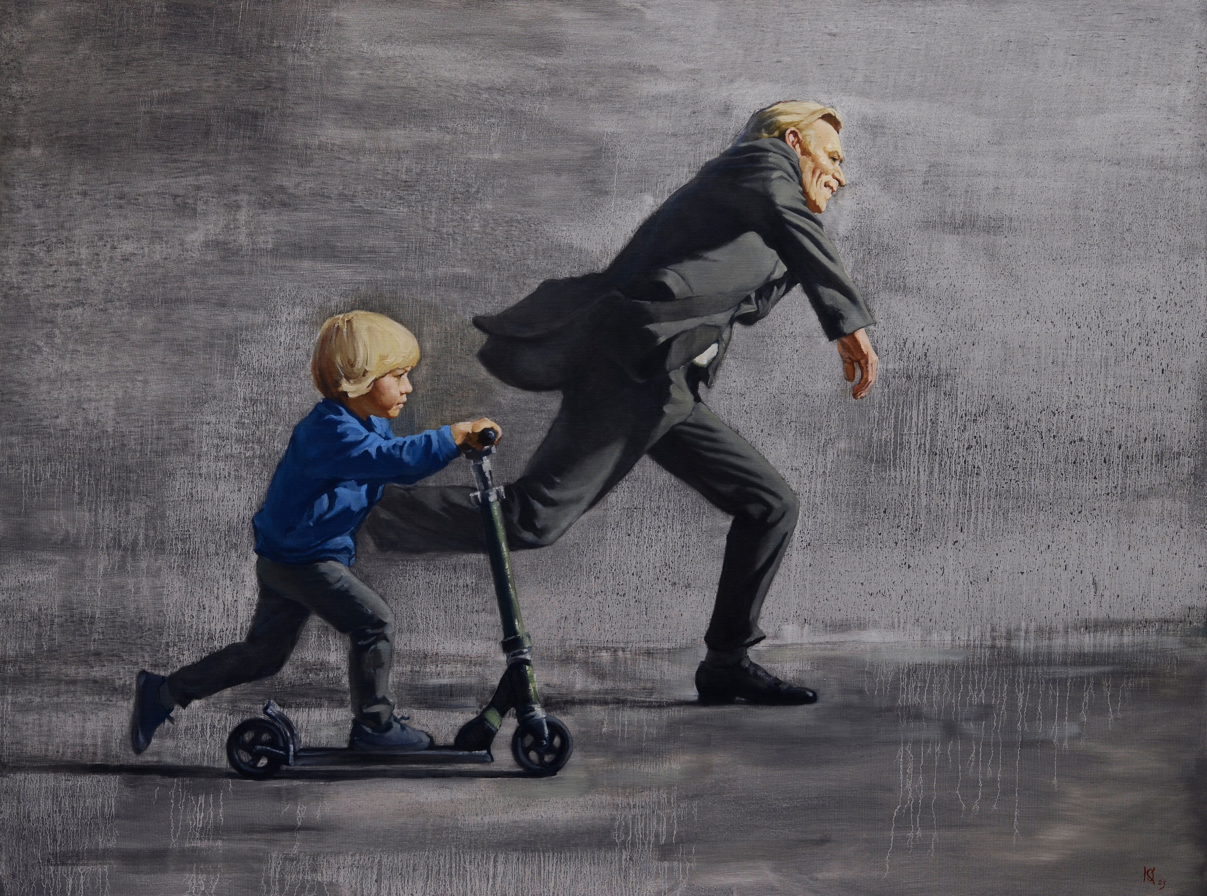 Painting of a child on a scooter being pushed by an adult against a gray background