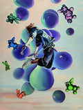 Abstract artwork with a person surrounded by colorful bubbles and shapes