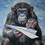 Painting of a chimpanzee holding a paper airplane against a blue background