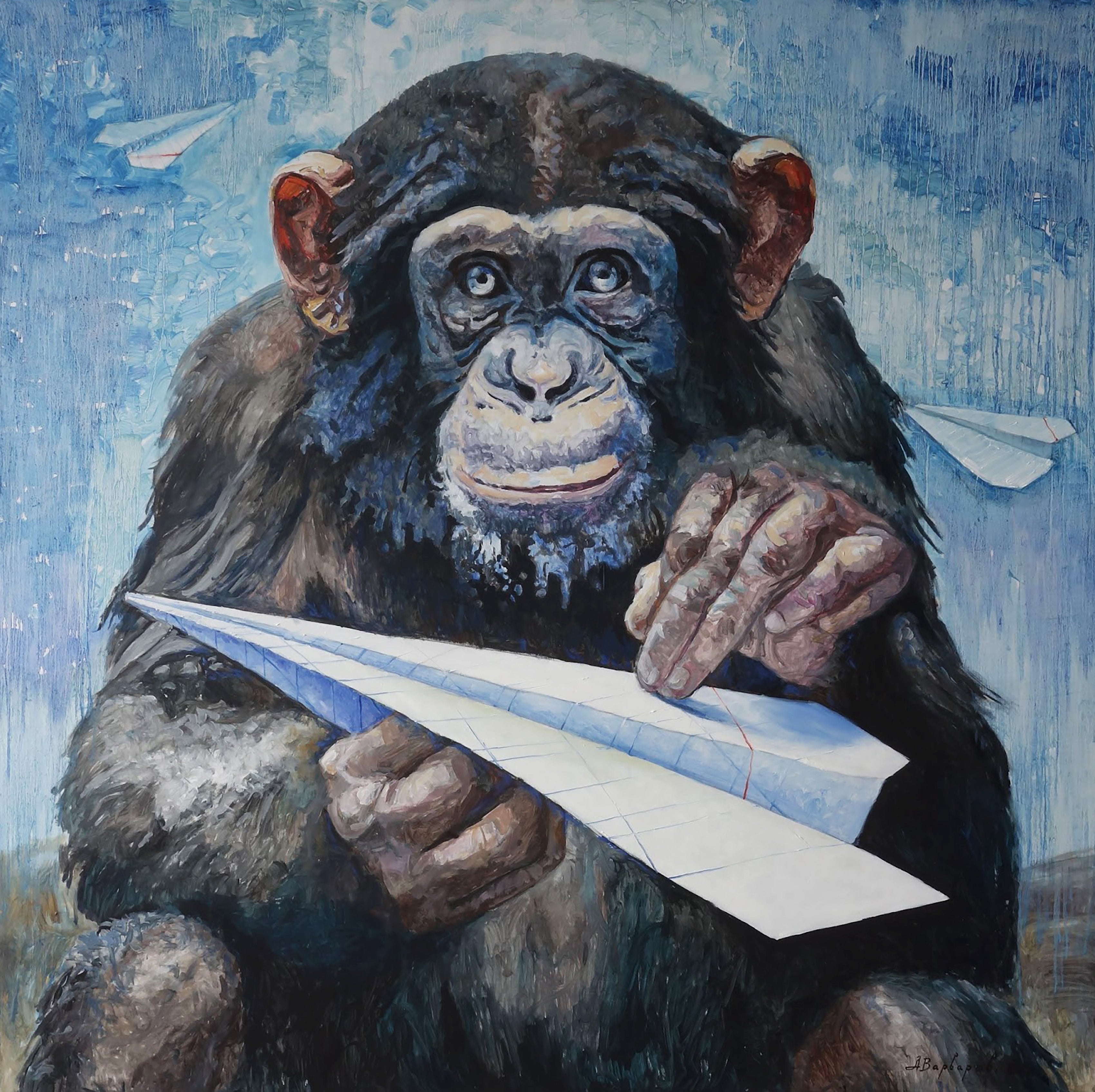 Painting of a chimpanzee holding a paper airplane against a blue background