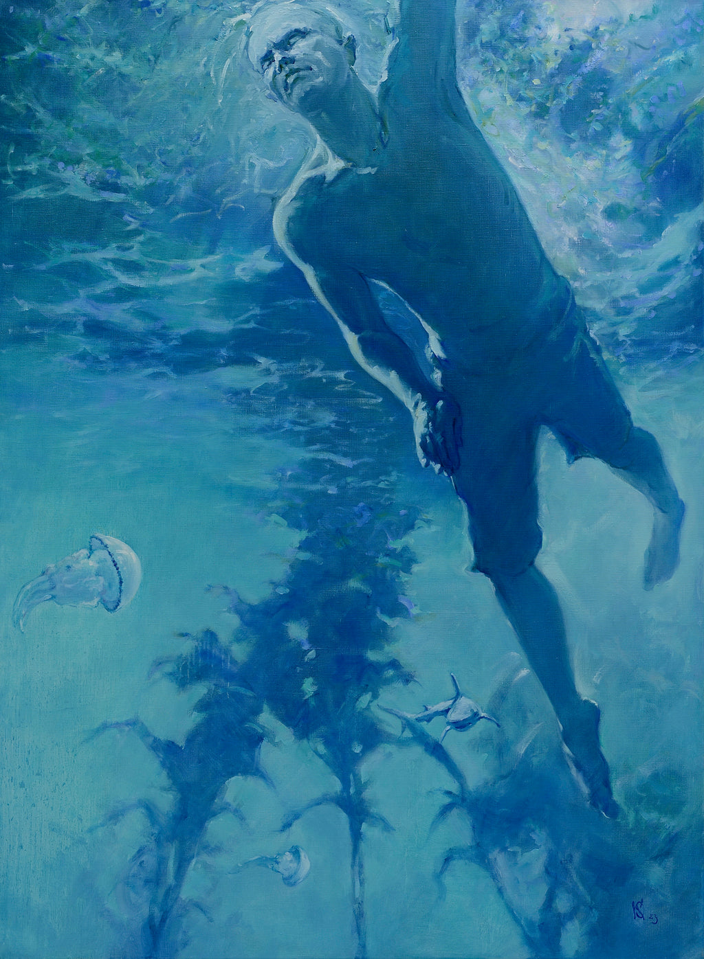 Person swimming underwater with jellyfish and fish in a blue underwater scene