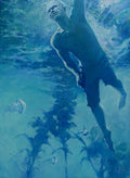 Person swimming underwater with jellyfish and fish in a blue underwater scene