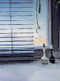 Two chess pieces on a surface with blinds and a window in the background