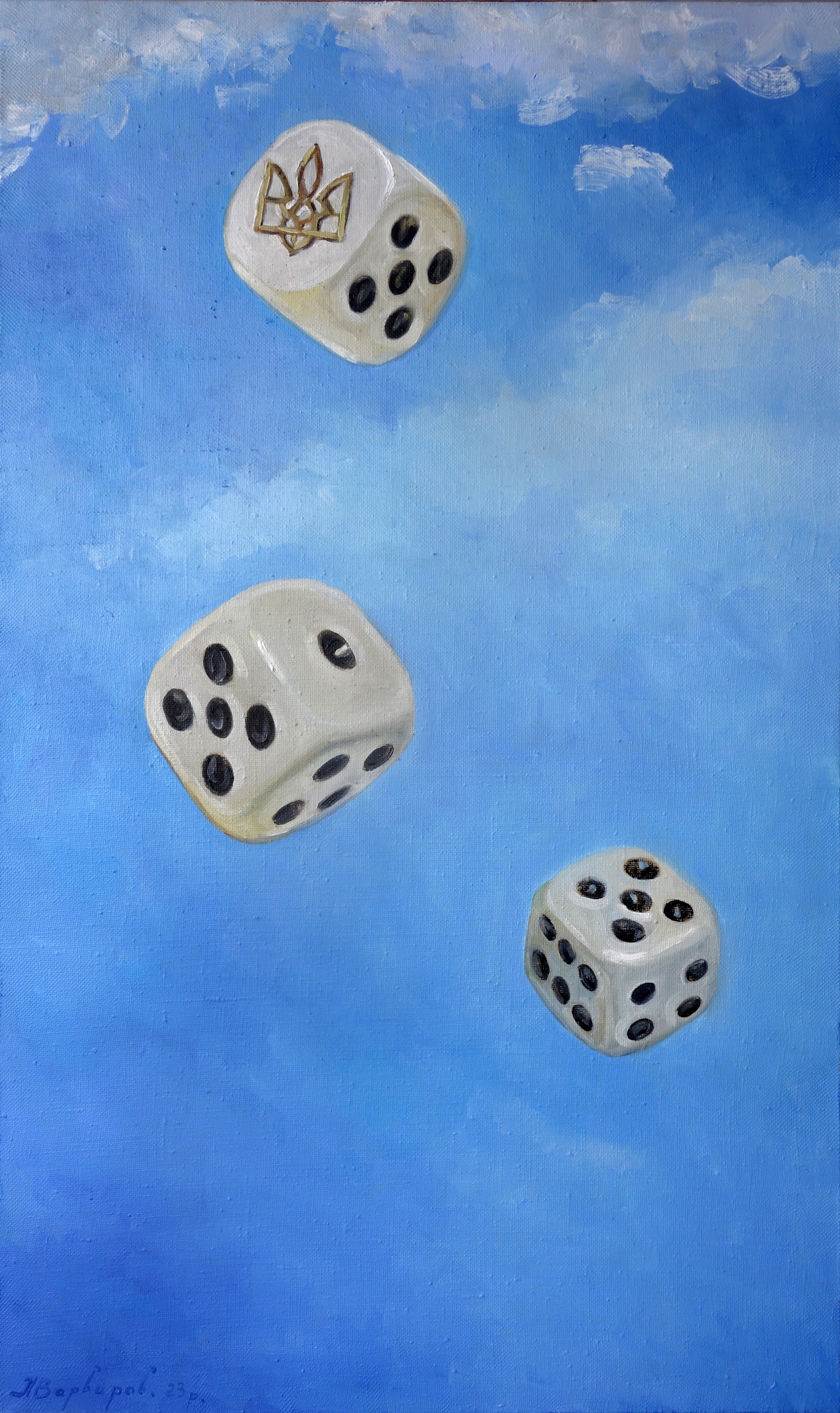 Three dice with star symbols on a blue background