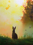 Rabbit in a field with a warm, glowing sky and trees