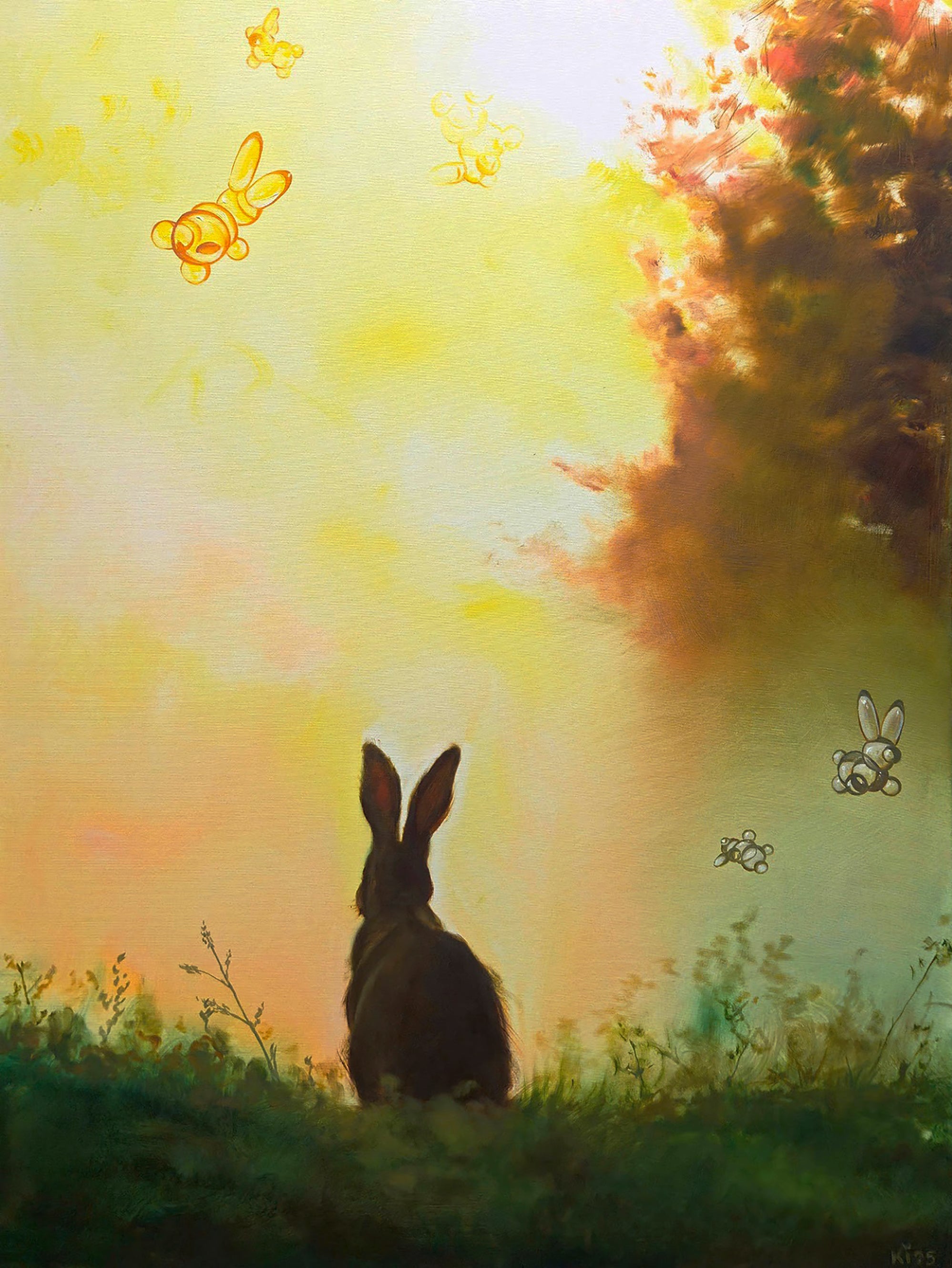 Rabbit in a field with a warm, glowing sky and trees