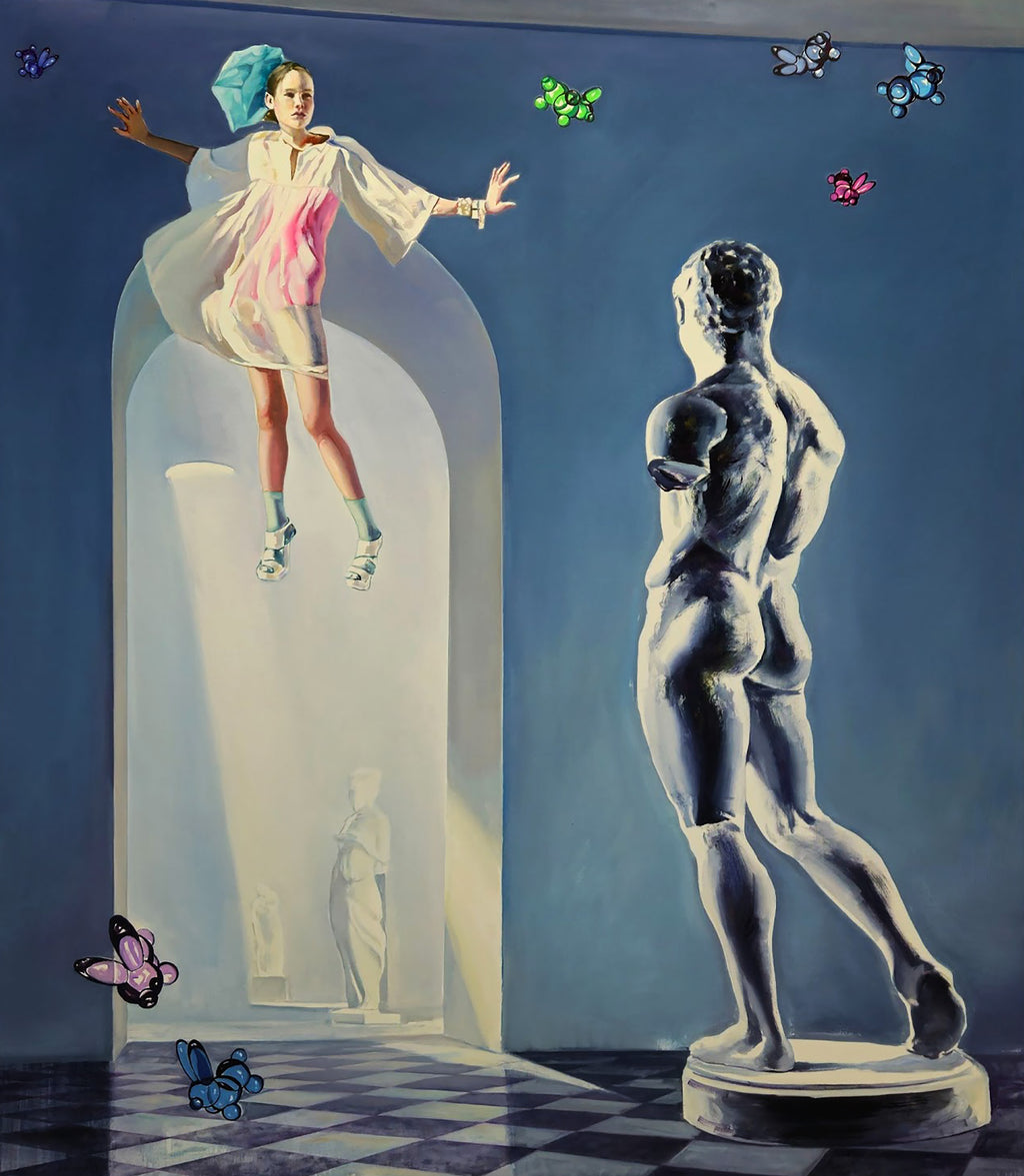 Artistic depiction of a woman in a glass dome with a classical statue and butterflies on a blue background