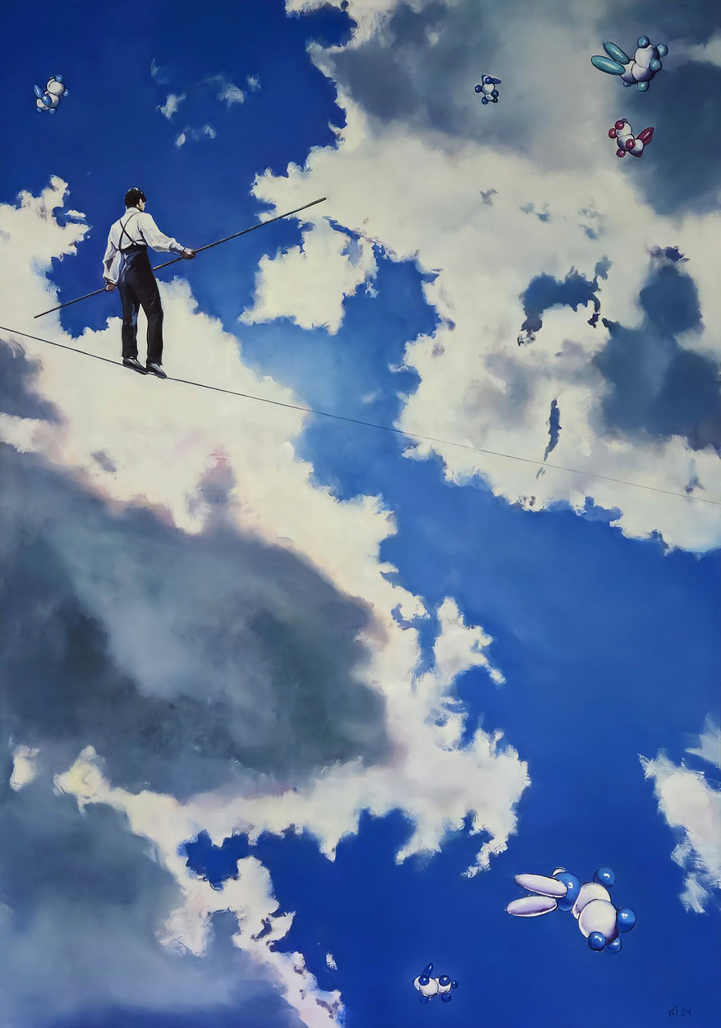 Person walking a tightrope high above clouds with cartoon-like characters in the sky.