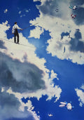 Person walking a tightrope high above clouds with cartoon-like characters in the sky.