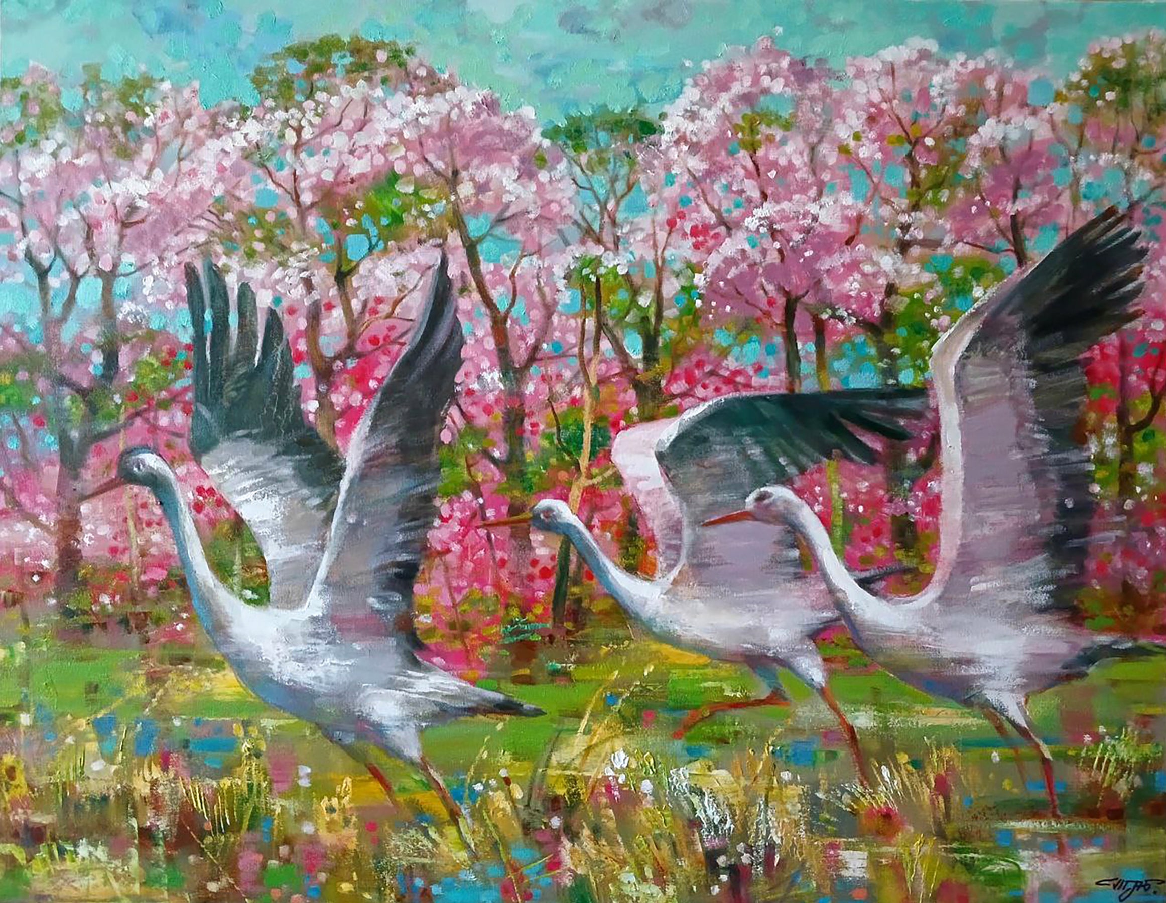 Storks on a Flower Meadow
