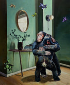Two chimpanzees hugging in a room with a mirror, plants, and a lamp.