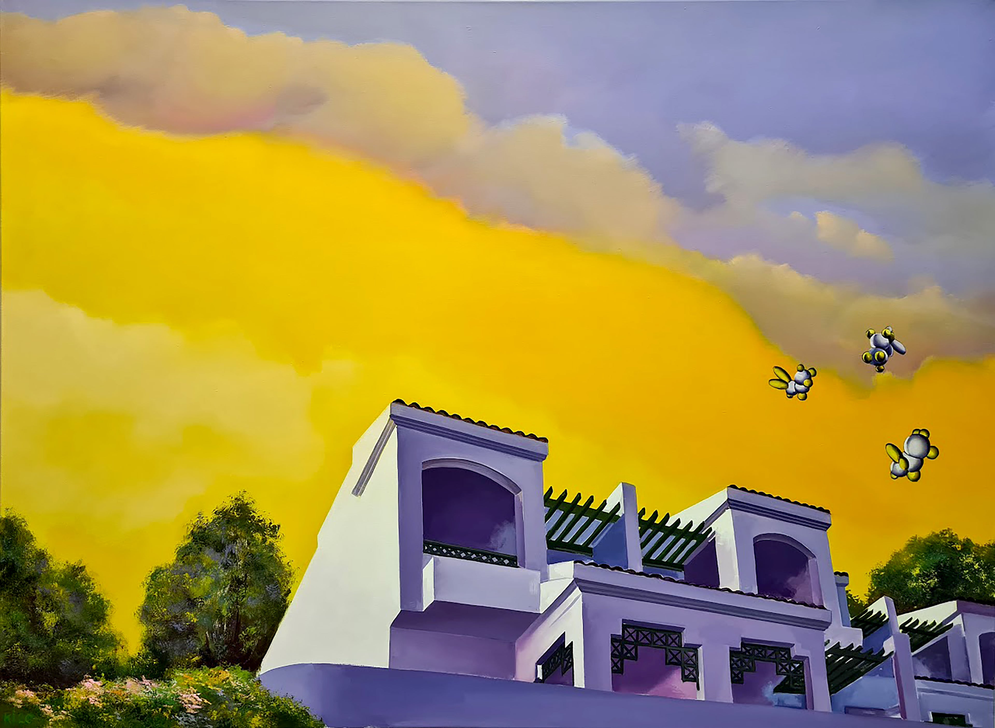 Purple architectural structure with green trees and a yellow sky with birds.