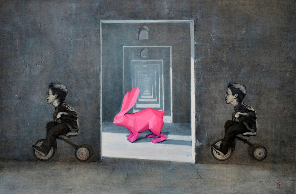 Artistic depiction of a child on a tricycle with a pink rabbit in front of a door.