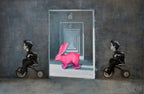 Artistic depiction of a child on a tricycle with a pink rabbit in front of a door.