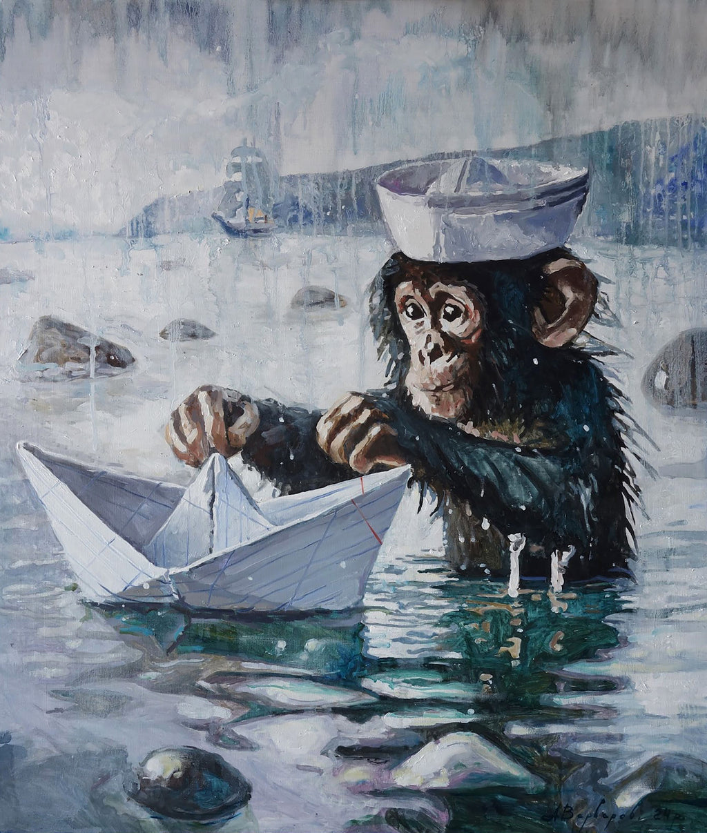 Painting of a monkey in a sailor hat steering a paper boat on water.