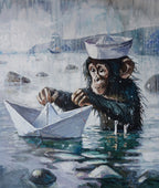 Painting of a monkey in a sailor hat steering a paper boat on water.