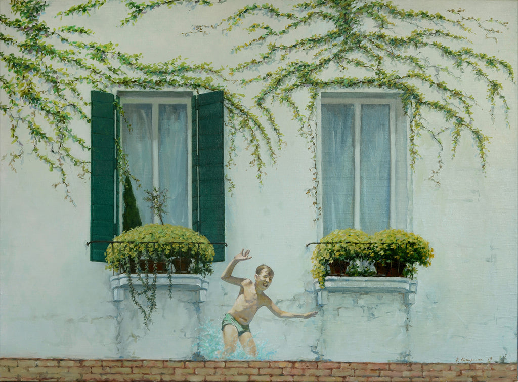 Mural of a child playing in water against a white wall with greenery