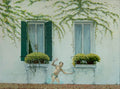 Mural of a child playing in water against a white wall with greenery