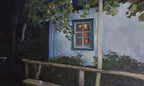 Painting of a house with a window at night, surrounded by trees and a wooden fence.