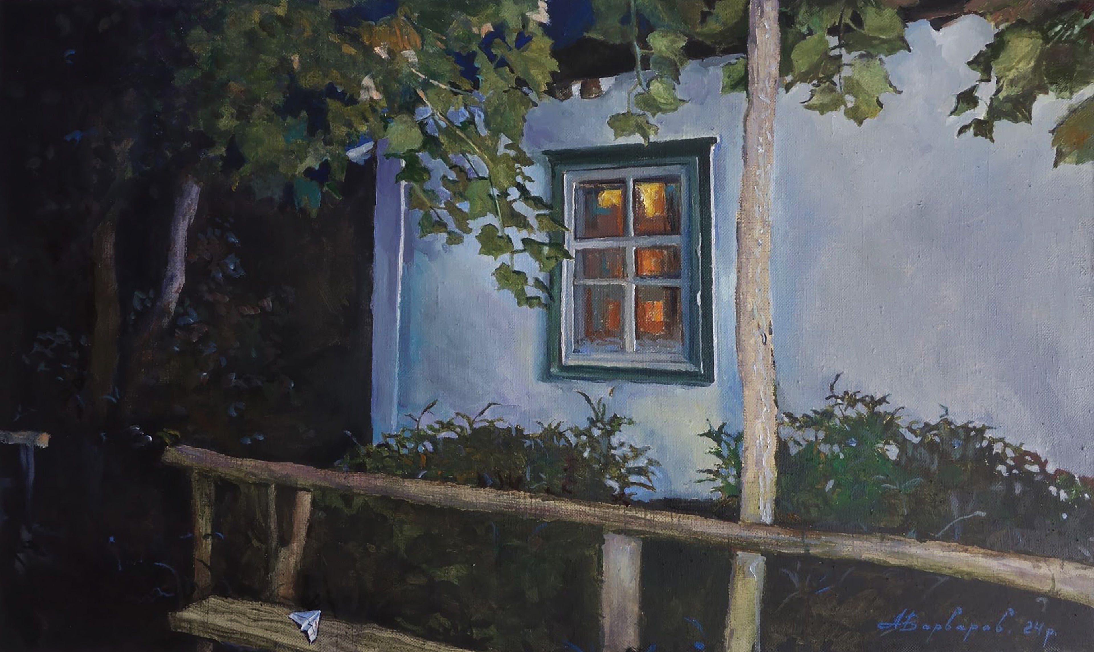 Painting of a house with a window at night, surrounded by trees and a wooden fence.