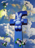 Blue balloon animal on a Facebook logo against a colorful sky with clouds