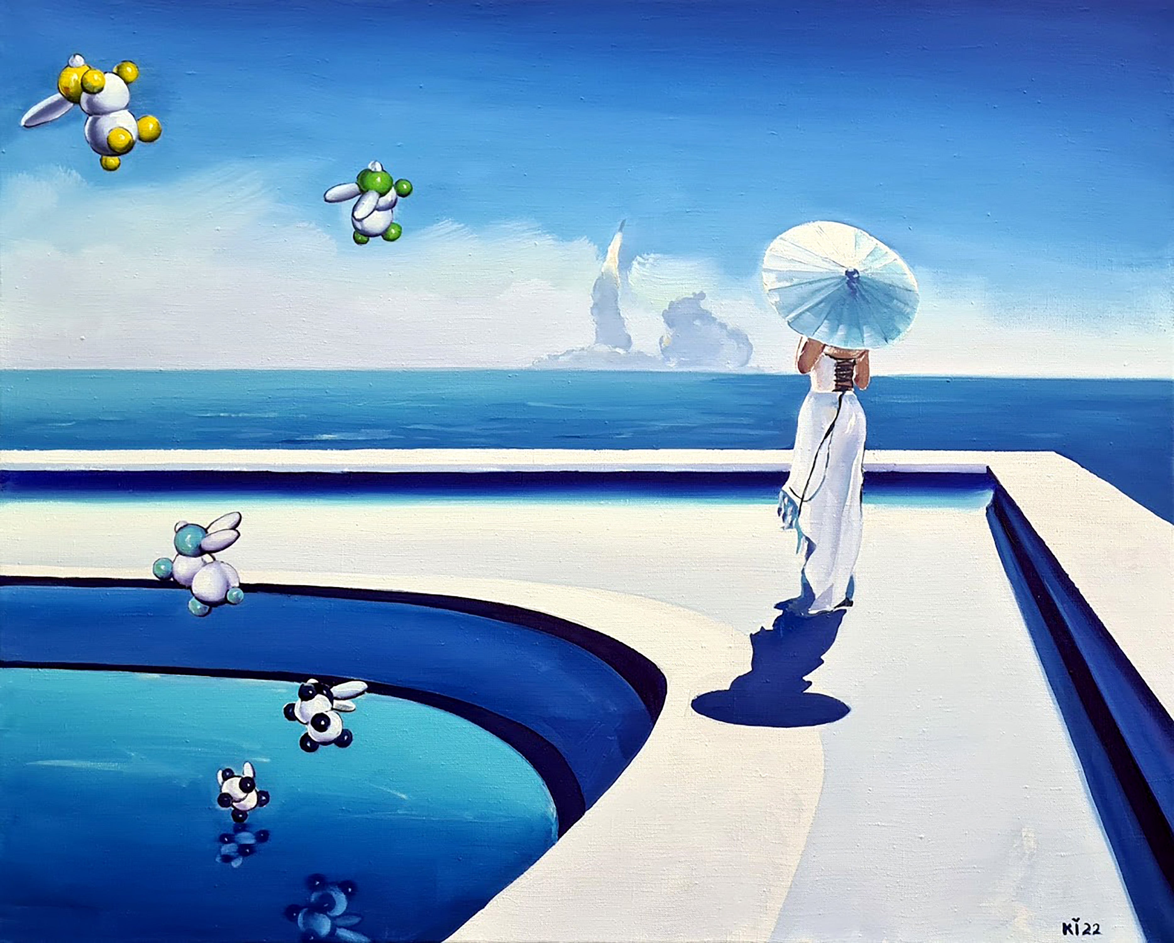 Person with a blue umbrella standing by a pool with cartoon-like characters and a cityscape in the background.